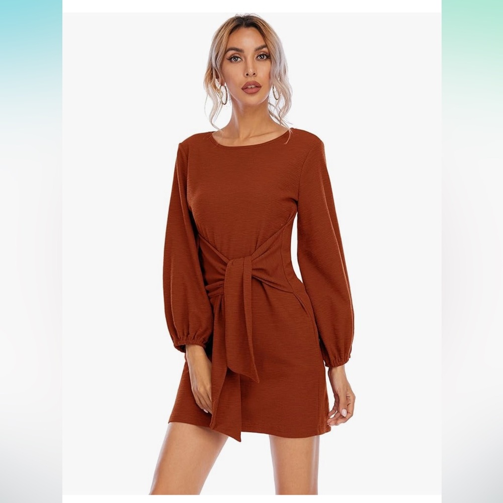 Elegant Knitted Bodycon Tie Waist Sweater Pencil Dress - Burnt Orange, Large